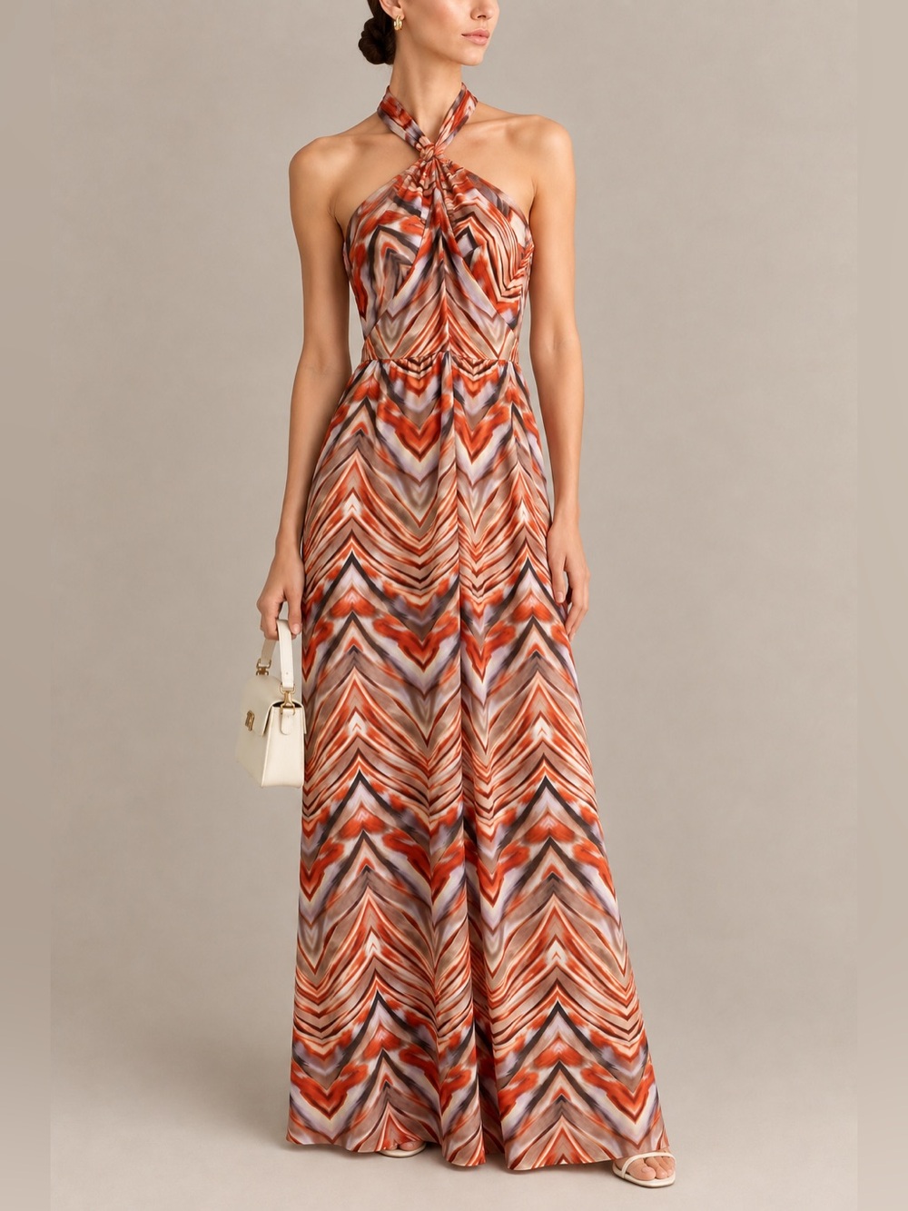 Emilio Pucci Chevron-Print Sleeveless Maxi Dress in Orange, Cream and Brown